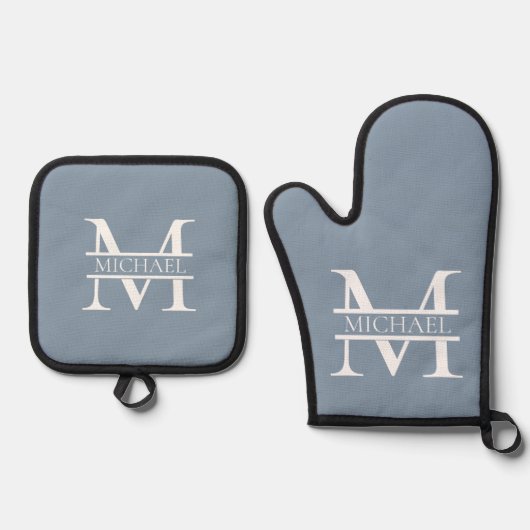 Personalisiertes elegantes Dusty Blue Monogram und Ofenhandschuh & Topflappen-Set (Vorderseite)
