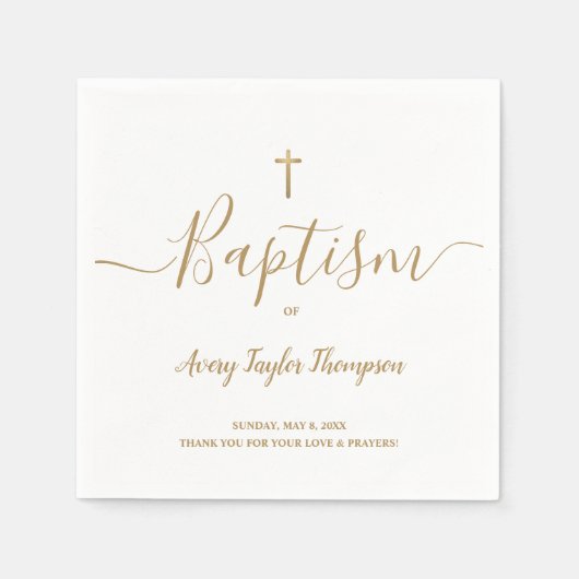 Personalisiertes, elegantes Gold Cross-Taufskript Serviette (Vorderseite)