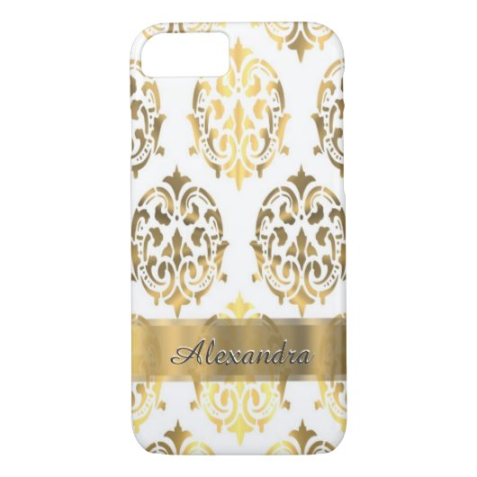 Personalisiertes elegantes Gold und weißer Damast Case-Mate iPhone Hülle (Rückseite)