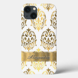 Personalisiertes elegantes Gold und weißer Damast Case-Mate iPhone Hülle