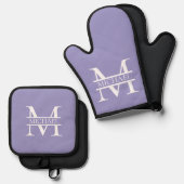 Personalisiertes elegantes Lila Monogramm und Name Ofenhandschuh & Topflappen-Set (Vorderseite/Rückseite)