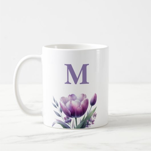Personalisiertes elegantes lila Tulip Monogramm Kaffeetasse (Links)