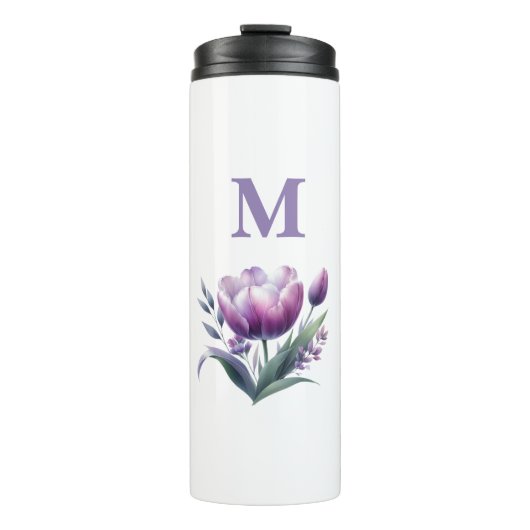 Personalisiertes elegantes lila Tulip Monogramm Thermosbecher (Vorderseite)
