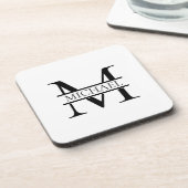 Personalisiertes elegantes Monogramm und Name weiß Getränkeuntersetzer (Linke Seite)