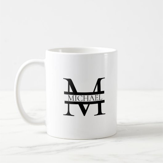 Personalisiertes elegantes Monogramm und Name weiß Kaffeetasse (Links)