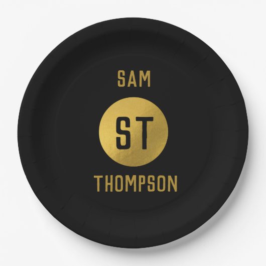 Personalisiertes elegantes Schwarz & Gold Modernes Pappteller (Vorderseite)
