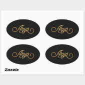 Personalisiertes, elegantes Script Arya Gold Black Ovaler Aufkleber (Blatt)