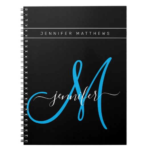 Personalisiertes elegantes Script Blue Black Monog Notizblock (Vorderseite)
