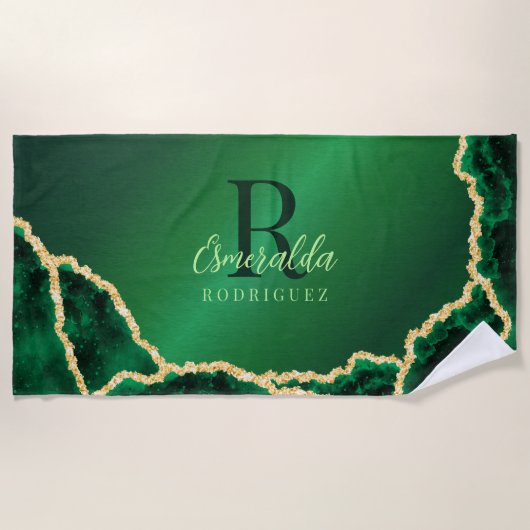 Personalisiertes elegantes Smaragdgrün und Gold Ag Strandtuch (Vorderseite)