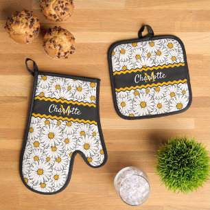 Personalisiertes Elegantes Weiß Gelb Gänseblümchen Ofenhandschuh & Topflappen-Set