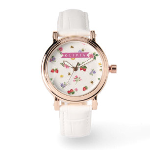 Personalisiertes Erdbeer-Garten-Bienen-Cottagecore Armbanduhr