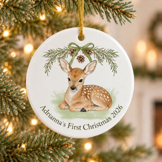 Personalisiertes erstes Weihnachten 2026 Woodland Keramik Ornament