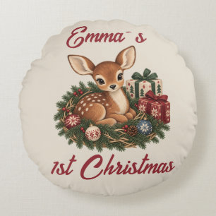 Personalisiertes erstes Weihnachten des Babys Reh Rundes Kissen