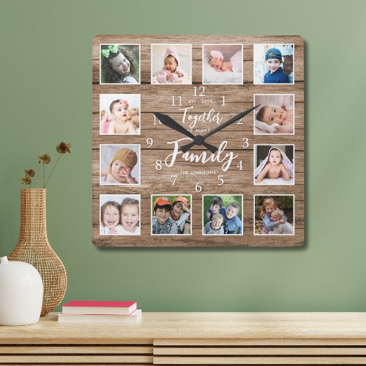 Personalisiertes Familienangebot 12 Foto Collage W Quadratische Wanduhr