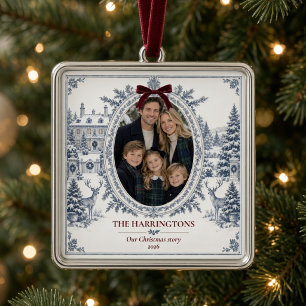 Personalisiertes Familienfoto Blaue Winter-Toile Ornament Aus Metall