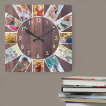 Personalisiertes Familienfoto-Collage Warm Brown W Quadratische Wanduhr<br><div class="desc">Personalisierte Vierecktaktuhr mit eigenen Fotos. Die Fotovorlage ist für Sie bereit, 12 Ihrer Bilder im Uhrzeigersinn von oben hinzuzufügen. Das Set ist für Sie bereit. Dieses warme, braune Holzdesign mit weißen Zahlen wird mit traditioneller und ländlicher Dekoration großartig aussehen. Für dieses Design sind quadratische Instagram- oder Portrait-Fotos am einfachsten zu...</div>