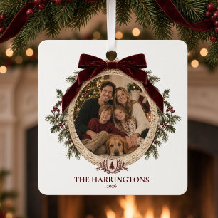 Personalisiertes Familienfoto mit burgunderroter S Ornament Aus Metall