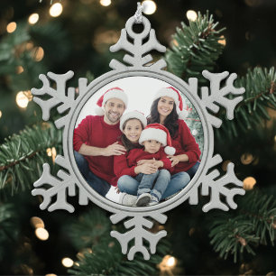 Personalisiertes Familienfoto Weihnachten Schneeflocken Zinn-Ornament