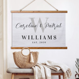 Personalisiertes Familiennamenschild aus Stoff Wandteppich Mit Holzrahmen