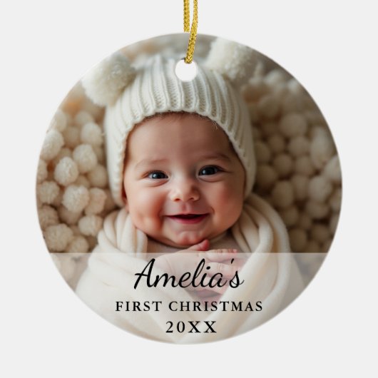 Personalisiertes First Christmas Baby Foto Keramik Ornament (Vorne)