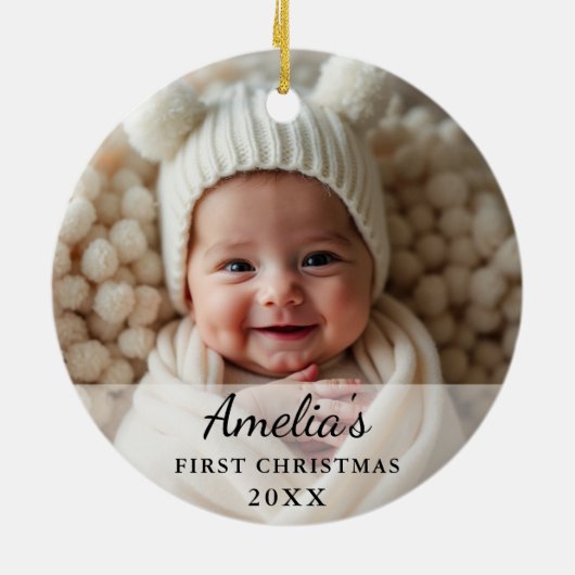 Personalisiertes First Christmas Baby Foto Keramik Ornament (Hinten)