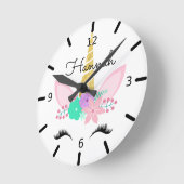 Personalisiertes Floral Lächeln Einhorn Runde Wanduhr (Winkel)
