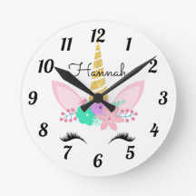 Personalisiertes Floral Lächeln Unicorn Runde Uhr