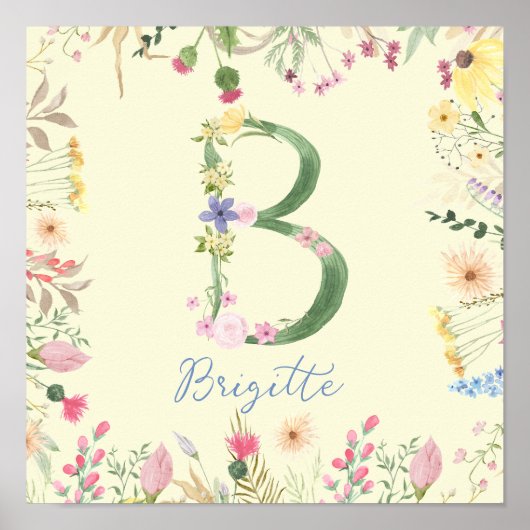 Personalisiertes florales Alphabet Initial-Kinderz Poster (Vorne)