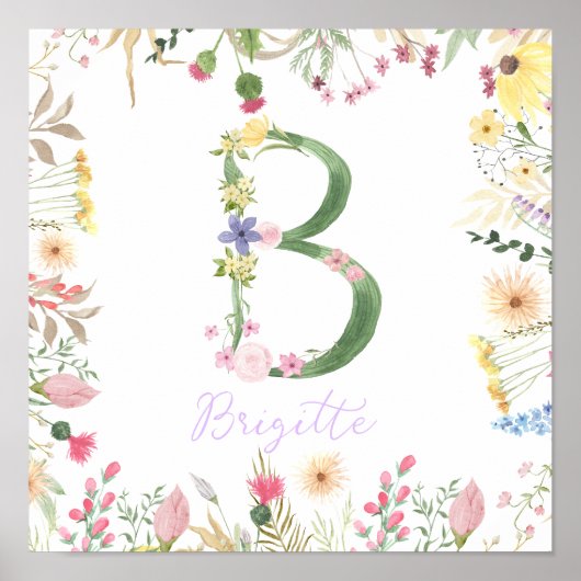 Personalisiertes florales Alphabet Initial-Kinderz Poster (Vorne)