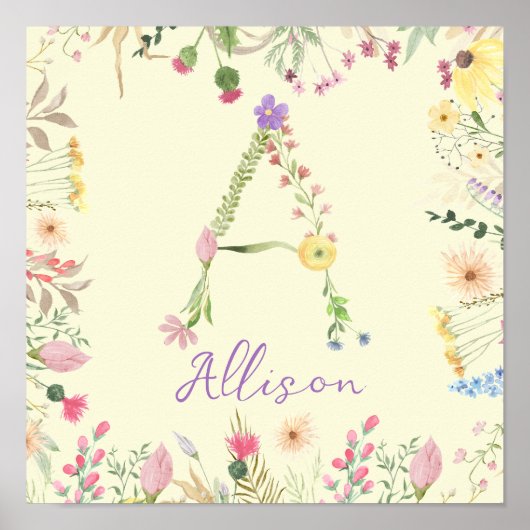 Personalisiertes florales Alphabet Initial Kinderz Poster (Vorne)