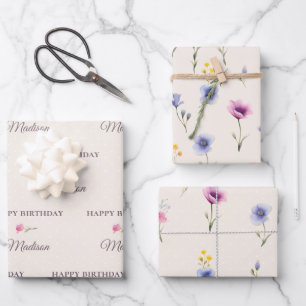 Personalisiertes florales Geburtstagsverpackungspa Geschenkpapier Set