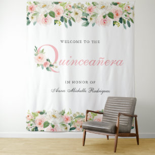 Personalisiertes florales Quinceanera Foto Hinterg Wandteppich