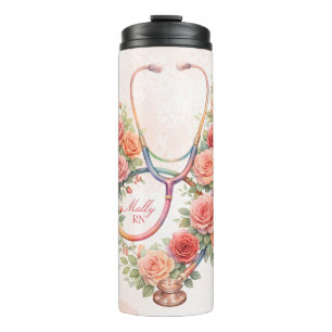 Personalisiertes Florales Rosa-Rosen-Stethoskop Thermosbecher