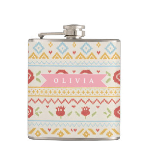 Personalisiertes Folk Nordic Boho Blumenmuster Flachmann