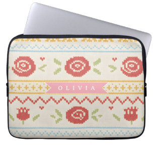 Personalisiertes Folk Nordic Boho Blumenmuster Laptopschutzhülle