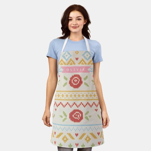 Personalisiertes Folk Nordic Boho Blumenmuster Schürze (Getragen)