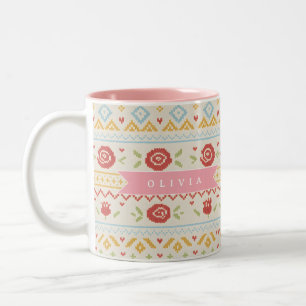 Personalisiertes Folk Nordic Boho Blumenmuster Zweifarbige Tasse