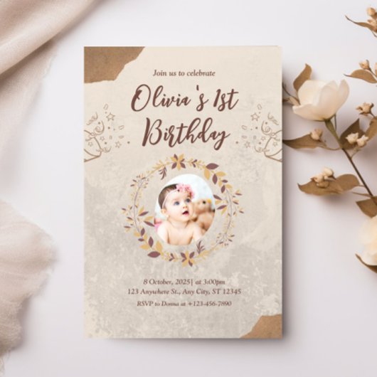 Personalisiertes Foto 1. Geburtstag braun Einladung