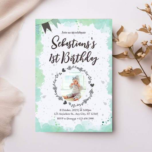 Personalisiertes Foto 1. Geburtstag Wasserfarbe Einladung