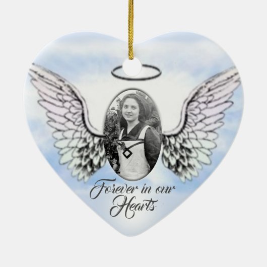 Personalisiertes Foto Angel Wings and Heart Memori Keramik Ornament (Hinten)