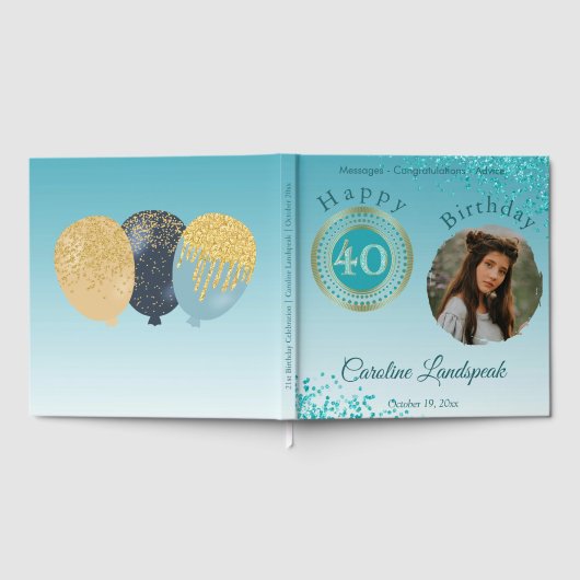 Personalisiertes Foto Aquamarin Blue Glitzer 40. G Gästebuch (Voll)