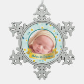 Personalisiertes Foto Aquamarin Celestial Snowflak Schneeflocken Zinn-Ornament (Vorderseite)