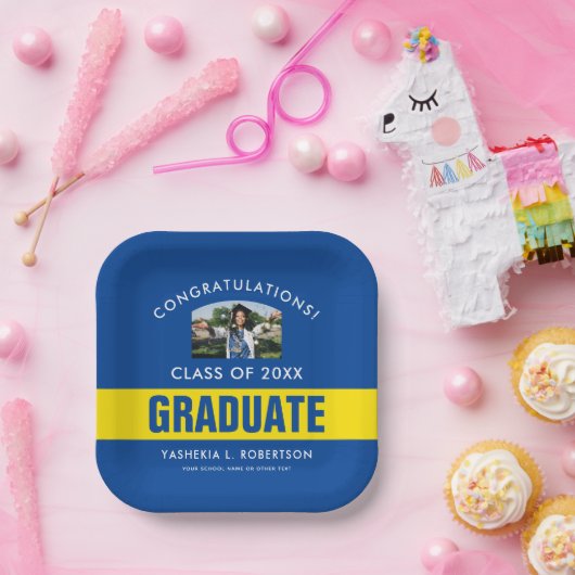 Personalisiertes Foto aus blauem und gelbem Abschl Pappteller (Party)