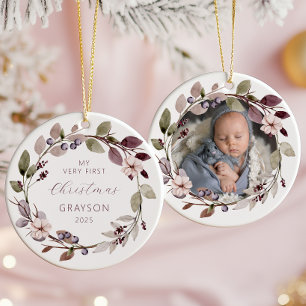 Personalisiertes Foto Baby 1. Weihnachten Lila Keramik Ornament