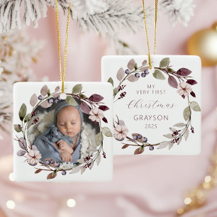Personalisiertes Foto Baby Erste Weihnachten Lila Keramikornament
