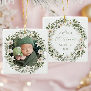 Personalisiertes Foto Baby First Christmas Woodlan Keramikornament