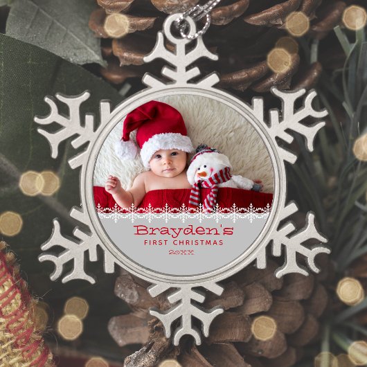 Personalisiertes Foto Baby's First Christmas Gray  Schneeflocken Zinn-Ornament