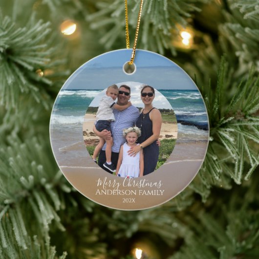 Personalisiertes Foto Beach Ocean Weihnachtskarte Keramik Ornament (Baum)