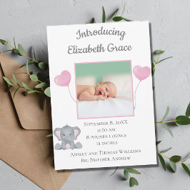 Personalisiertes Foto Birth Stats Girl Baby Elepha Ankündigung