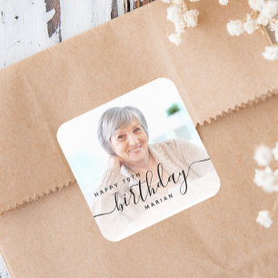 Personalisiertes Foto Black Script 70. Geburtstag Quadratischer Aufkleber